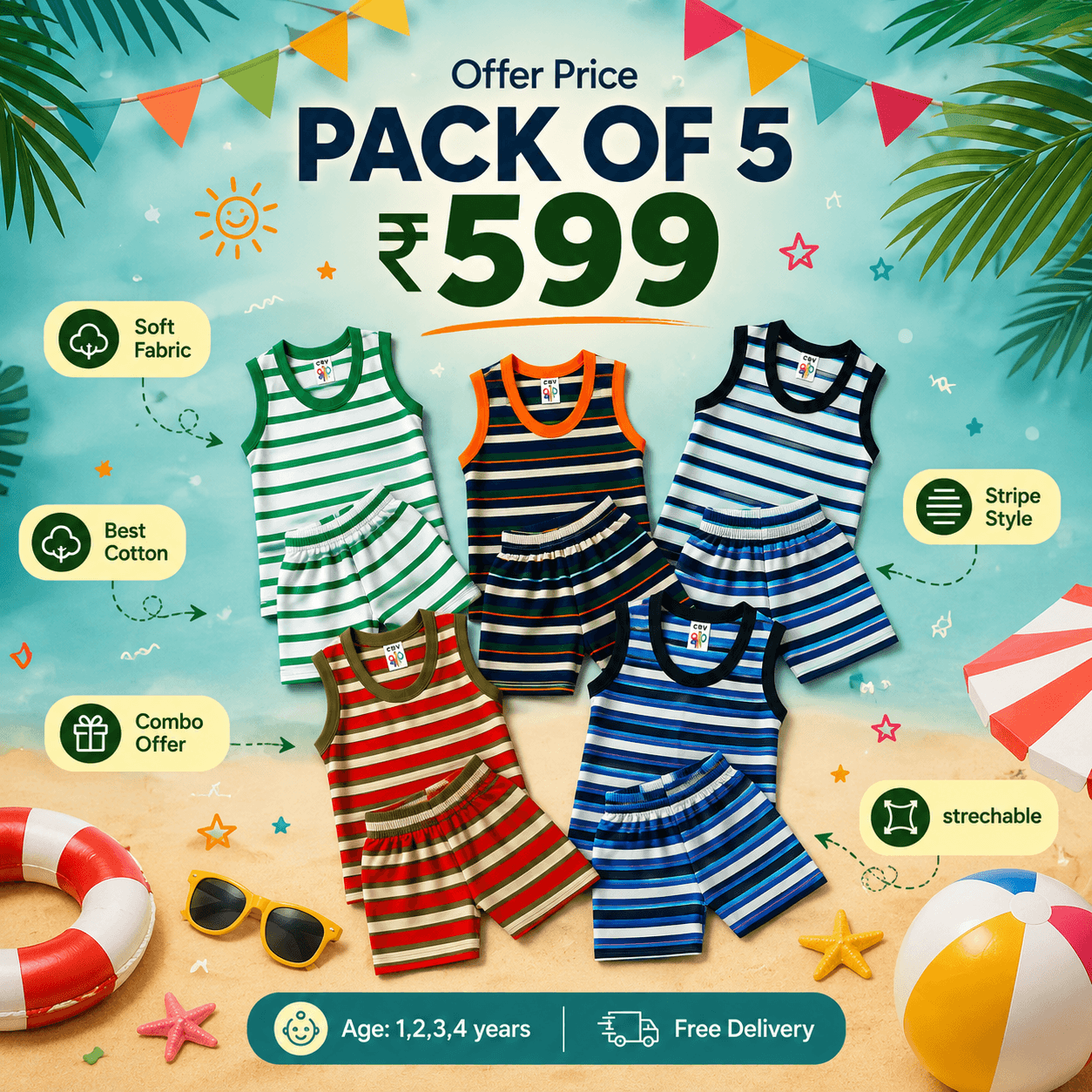 Kids Color Stripe Set – Pack of 5